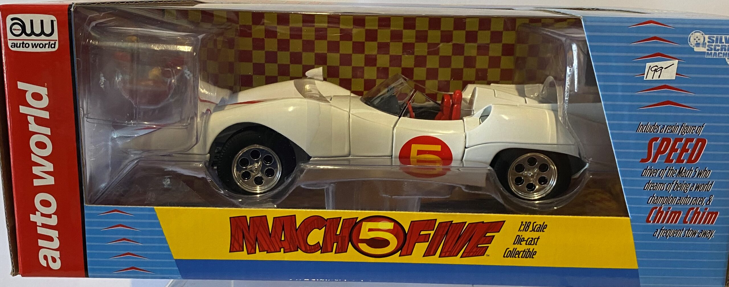 Mach 5 Five & Chim-Chim authentic and Speed Racer Figurine 1/18 Diecast Model Car By AUTOWORLD AWSS124